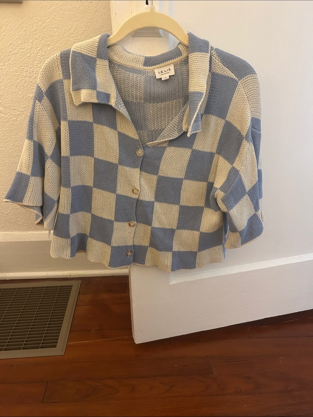 Le Lis Blue and Cream Checkerboard Button-Up Cardigan S